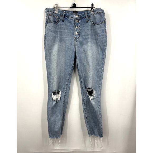 J Crew Jeans Womens Button Fly High Rise‎ Skinny Distressed Raw Hem Size 32 - Picture 1 of 9